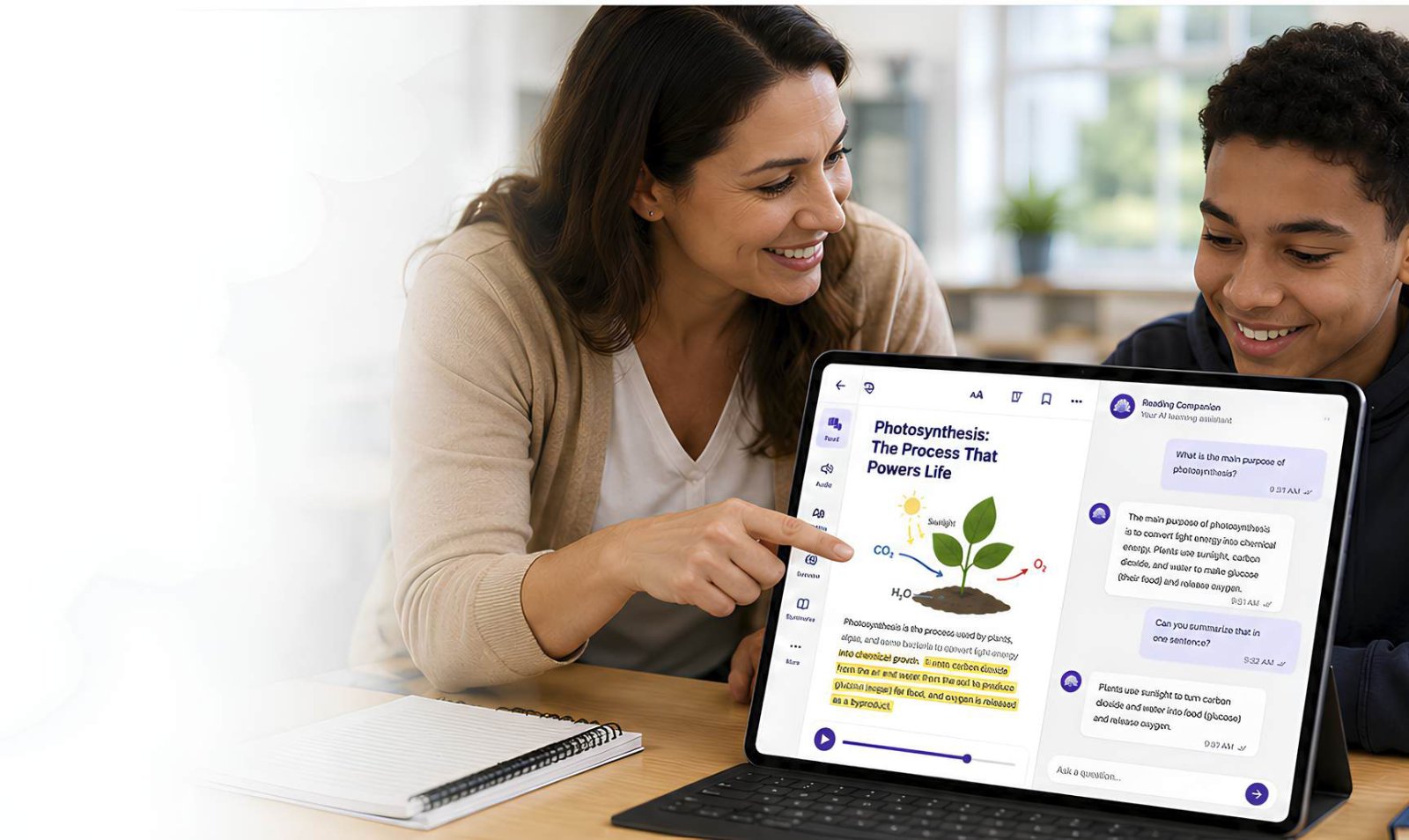 A teacher and student smiling at a tablet running Bookshare Plus, which shows a photosynthesis lesson beside the Reading Companion chat