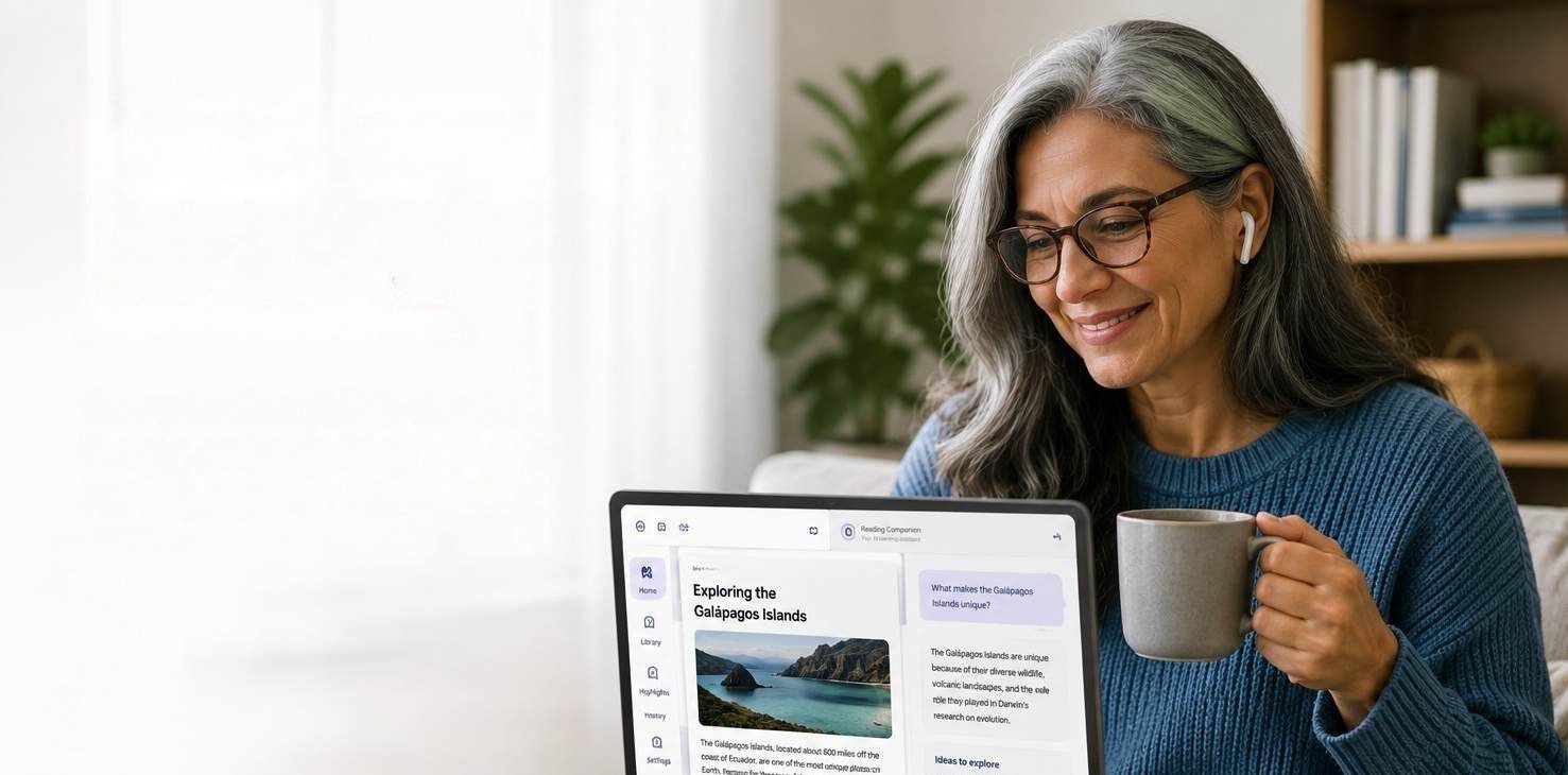 A woman relaxing on a couch reading on a tablet