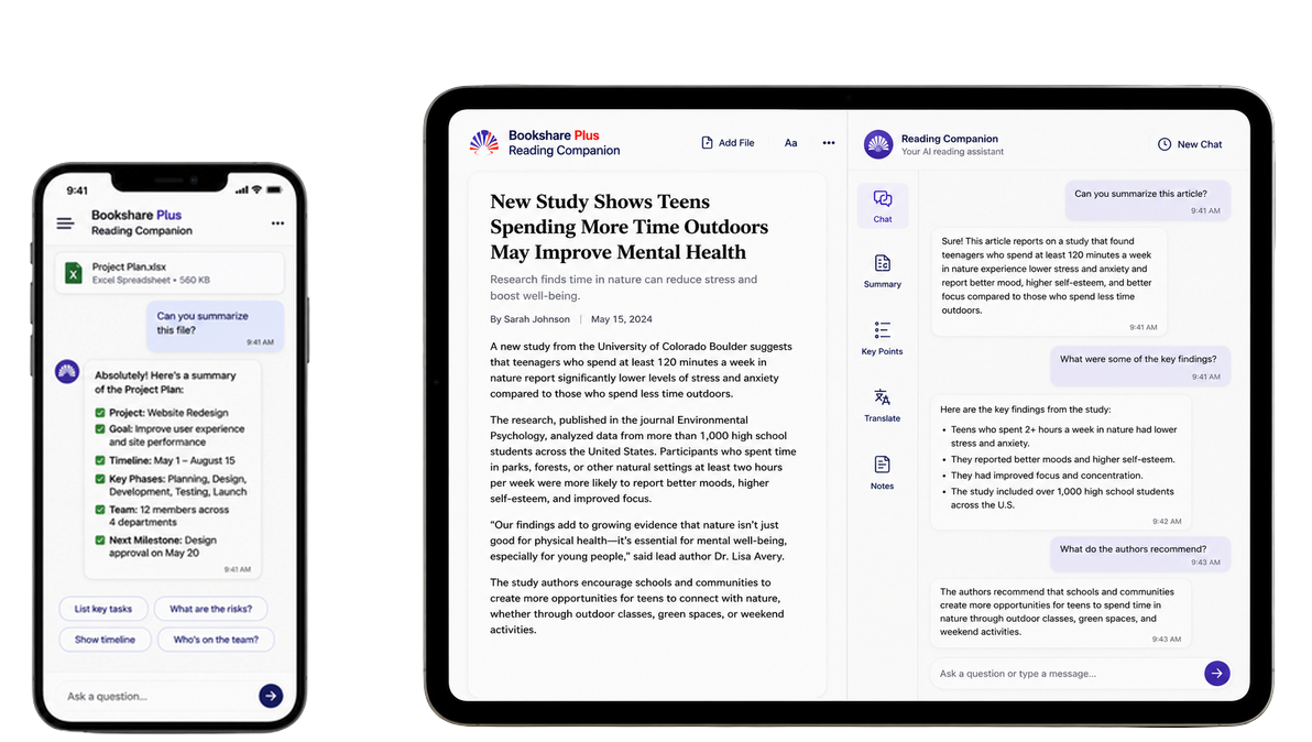 Phone and tablet showing the Reading Companion discussing a news article