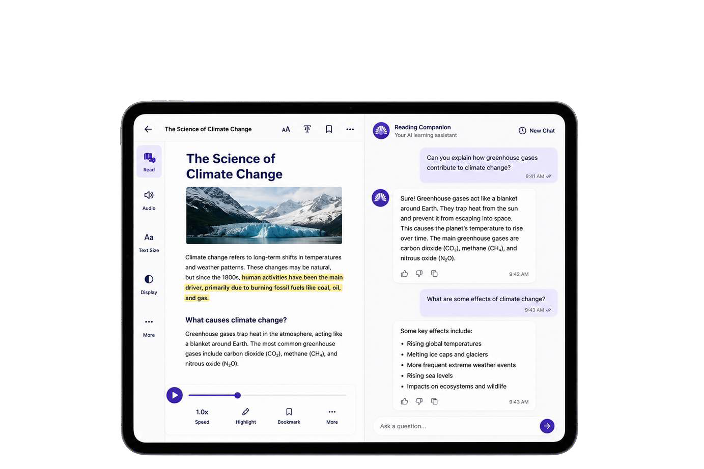 Tablet showing a climate change article on the left and the Reading Companion answering questions about greenhouse gases on the right